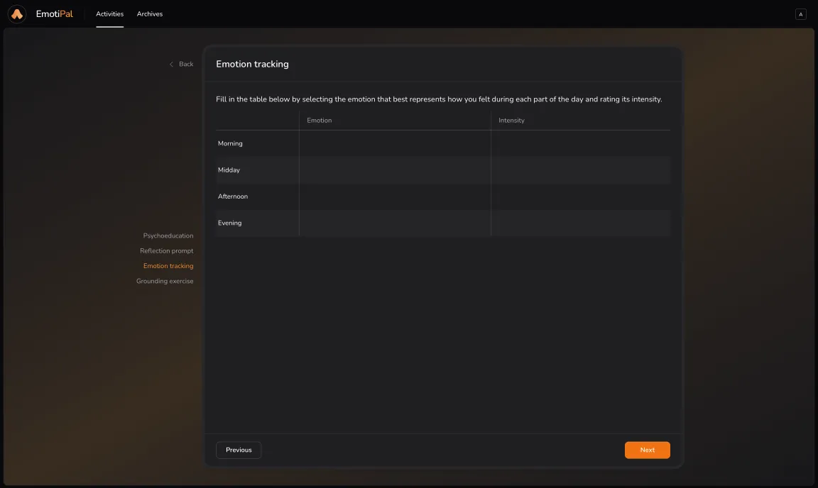 Screenshot of the EmotiPal patient web app with an interactive activity